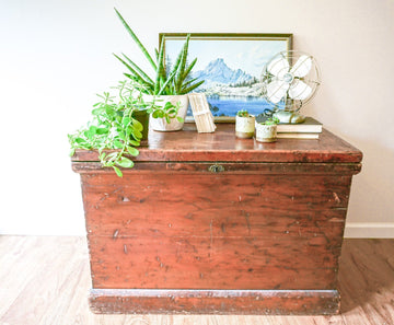 Gorgeous Vintage "J.E. Whitfield" Solid Wood Chest / Trunk With Metal Hardware and Decorative Key