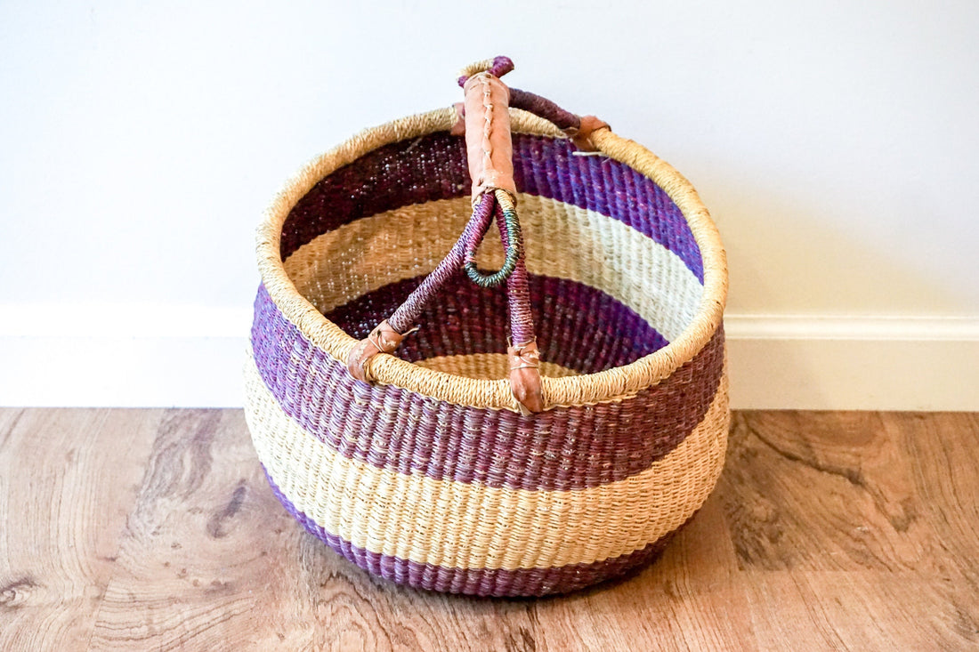 African Woven Market Basket with Leather Handle Detail