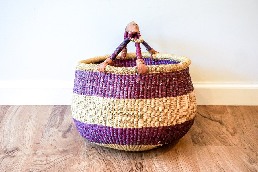 African Woven Market Basket with Leather Handle Detail