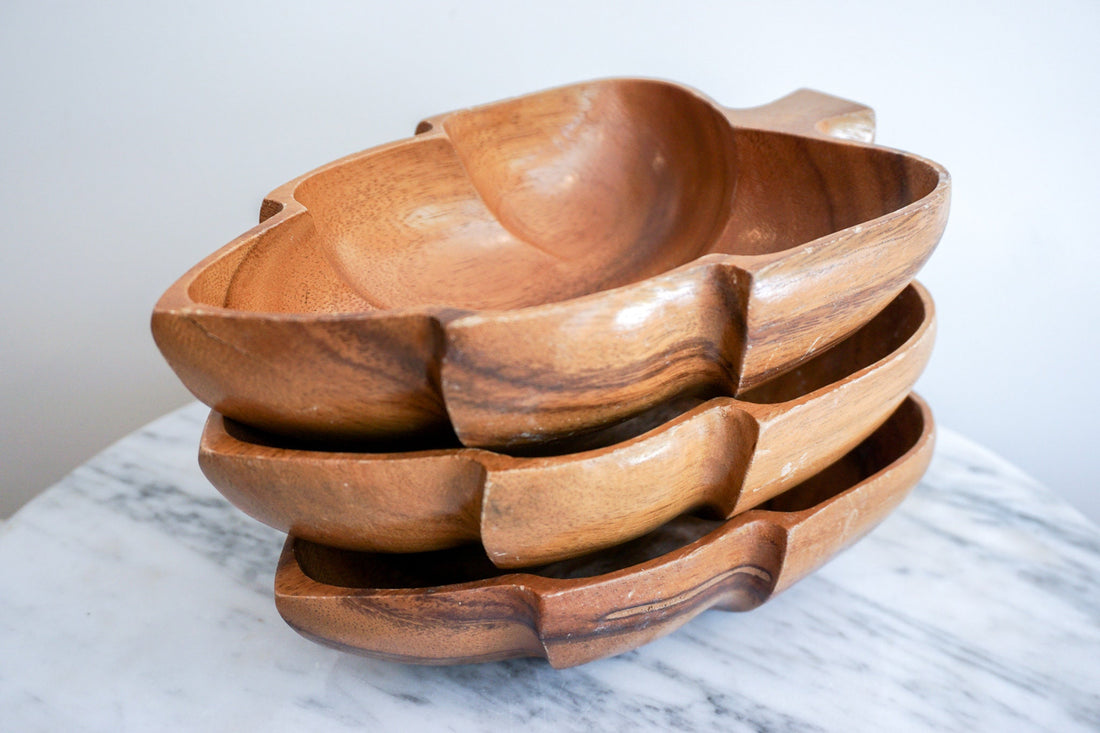 Monkey Pod Wood Artichoke Leaf Style Serving Bowls Set of Seven