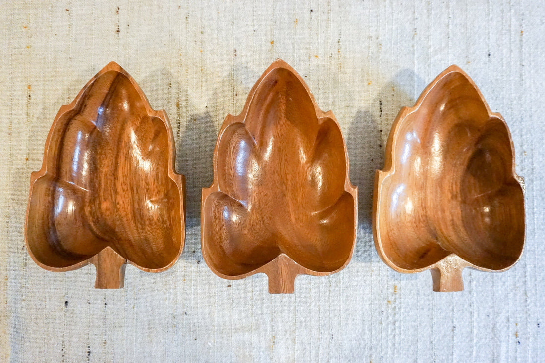 Monkey Pod Wood Artichoke Leaf Style Serving Bowls Set of Seven