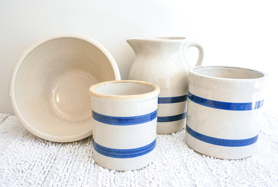 Roseville Crock Pottery Bowl Pitcher and Utensil Holder (Sold Separately)