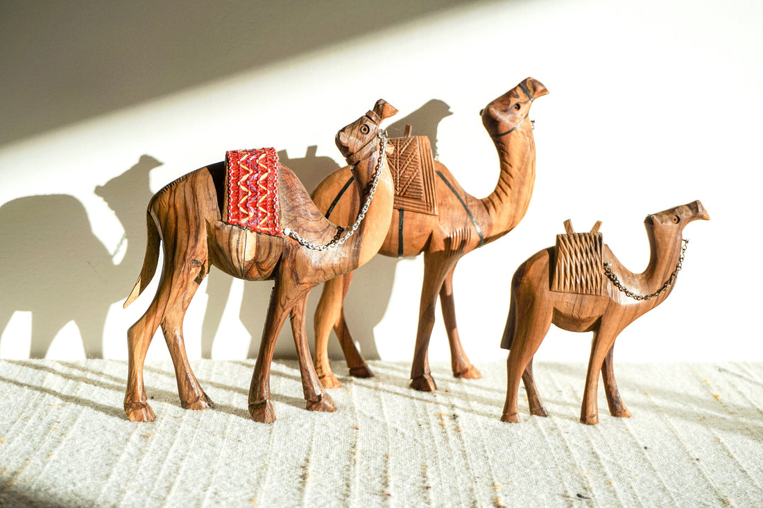 Set of Three Wood Camels Made in Jerusalem