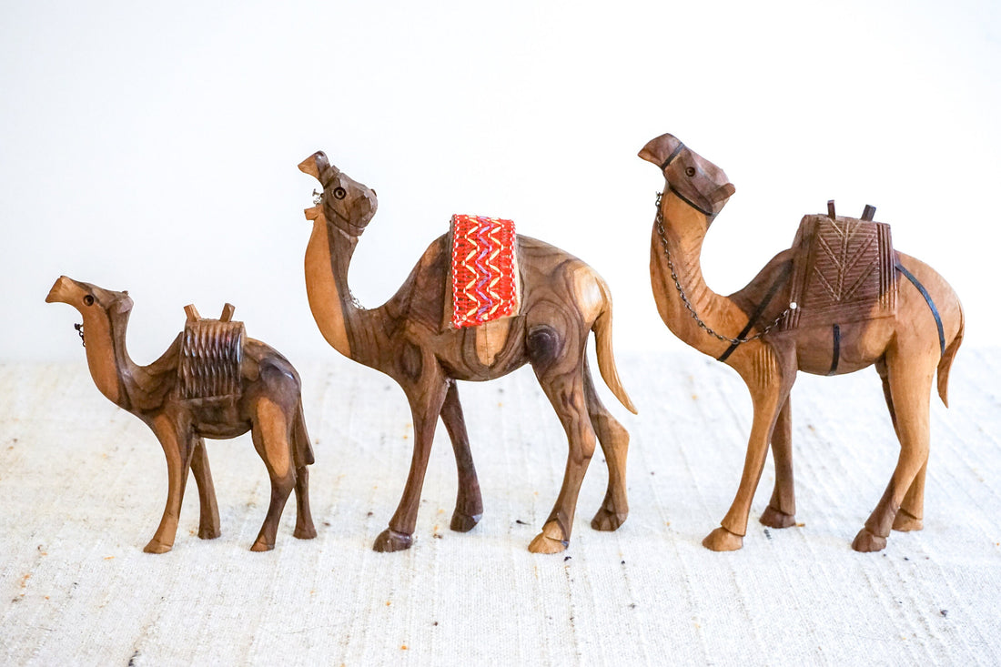 Set of Three Wood Camels Made in Jerusalem