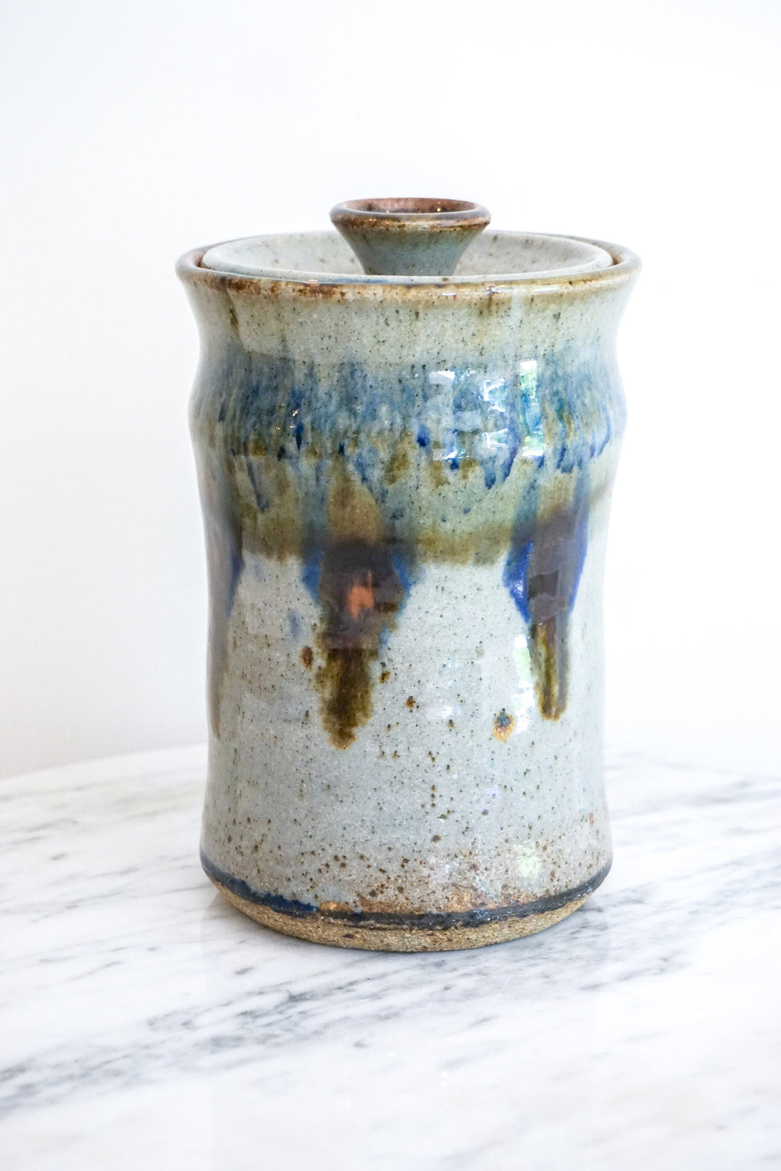 Ceramic Pottery Canister Jar with Lid with Blue Drip Glaze Detailing