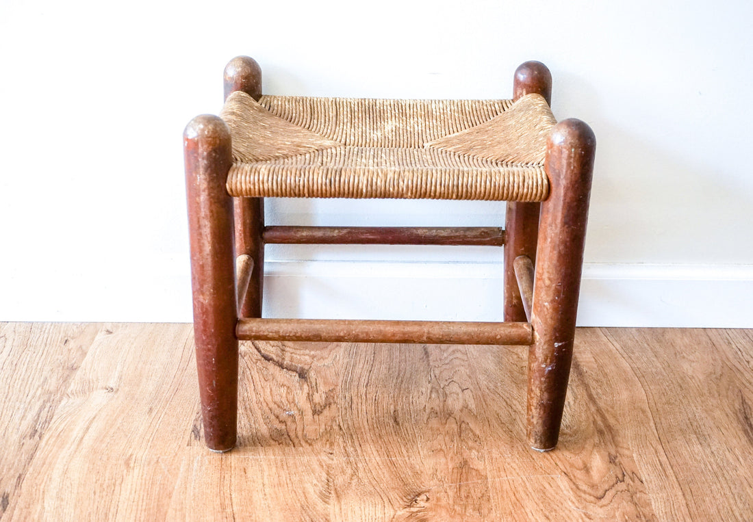 Primitive Woven and Wood Stool Bench