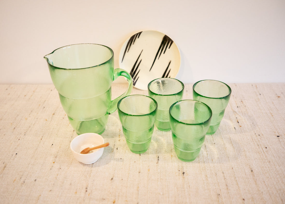 Green Glass Pitcher and Cup Serving Set