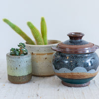 Vintage Hand Made Vibrant Colorful Varied Color Speckled Ceramic Pottery Pot with Original Lid