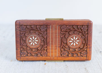 Teak Rose Wood Jewelry Trinket Box With Shell Inlay and Brass Handles Made in India