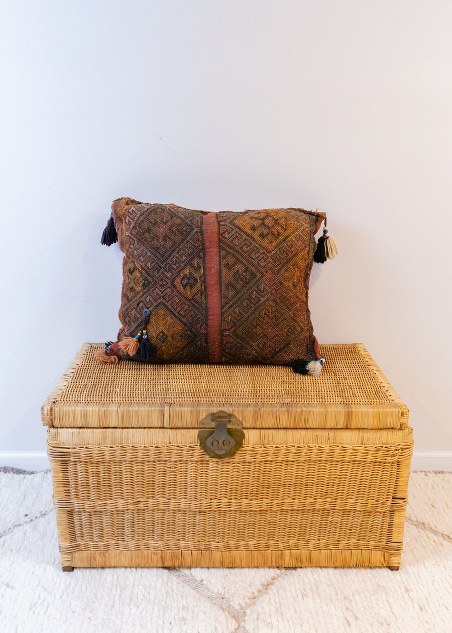 Kilim Pillow from Turkey with Glass Beads and Pom Poms