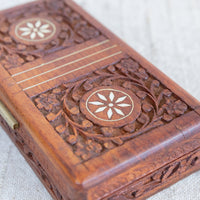 Teak Rose Wood Jewelry Trinket Box With Shell Inlay and Brass Handles Made in India