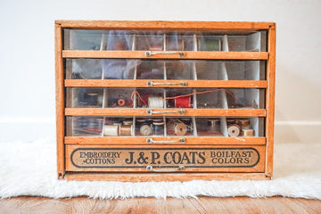 J&P Coats Cottons Sewing Wood  Spool Cabinet with 5 Drawers, Weighted Glass Front Panels and Original Metal Hardware