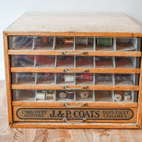J&P Coats Cottons Sewing Wood  Spool Cabinet with 5 Drawers, Weighted Glass Front Panels and Original Metal Hardware