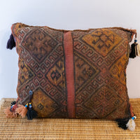 Kilim Pillow from Turkey with Glass Beads and Pom Poms