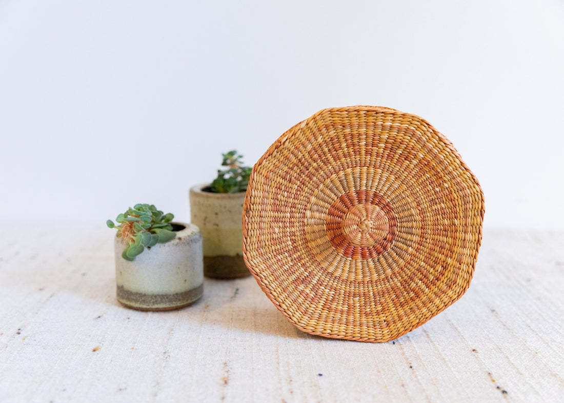 Woven Sweet Grass Basket with Original Lid and Button Top
