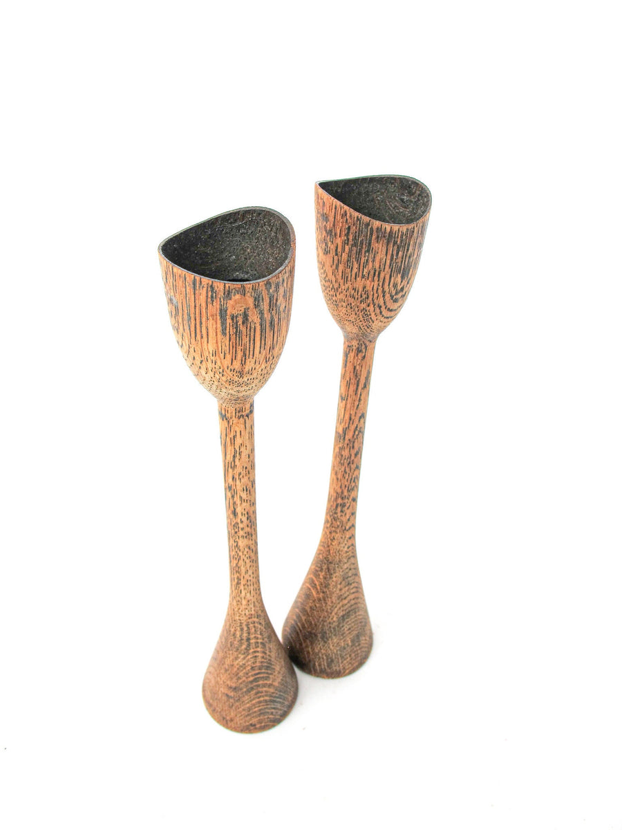 Oak Wood Carved Candle Stick Holders