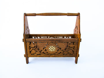 Hand Carved Teak or Rose Wood Magazine Rack with White Shell Inlay Design