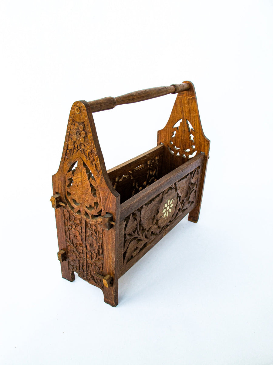 Hand Carved Teak or Rose Wood Magazine Rack with White Shell Inlay Design