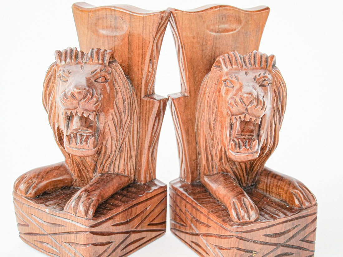 Solid Wood Lion Bookends