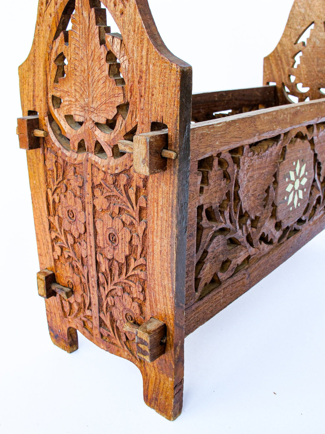 Hand Carved Teak or Rose Wood Magazine Rack with White Shell Inlay Design