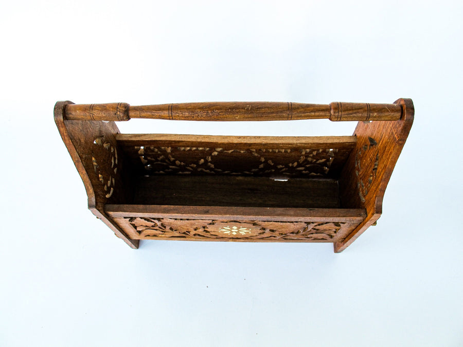 Hand Carved Teak or Rose Wood Magazine Rack with White Shell Inlay Design