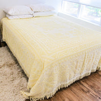 Light Yellow Cotton Nubby Blanket Bedspread with Fringe