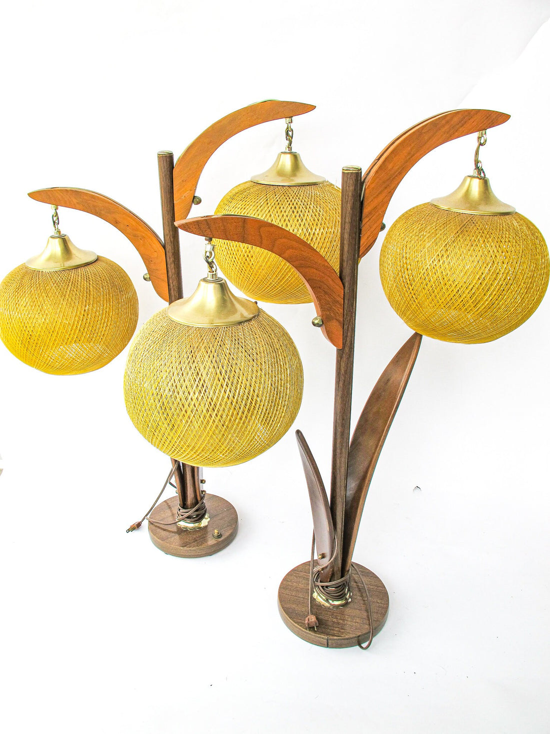 Midcentury Sculptural Fanned Walnut Lamp with Woven Shade (Sold Separately)