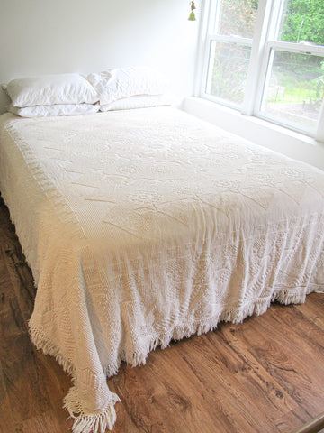 White Cotton Nubby Blanket with Fringe Detail