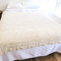 Vintage Knitted Crochet Ivory Throw Blanket - Full or Queen