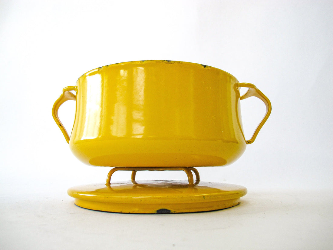 Two Quart Dansk Midcentury yellow Enamelware Pot with Lid Made in Denmark