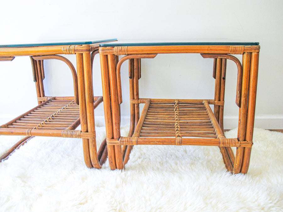 Set of 2 Bamboo Side End Tables with Glass Tops
