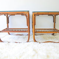Set of 2 Bamboo Side End Tables with Glass Tops