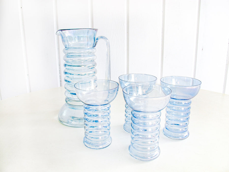 Modern Blue Glass Pitcher and Cup Set of Four