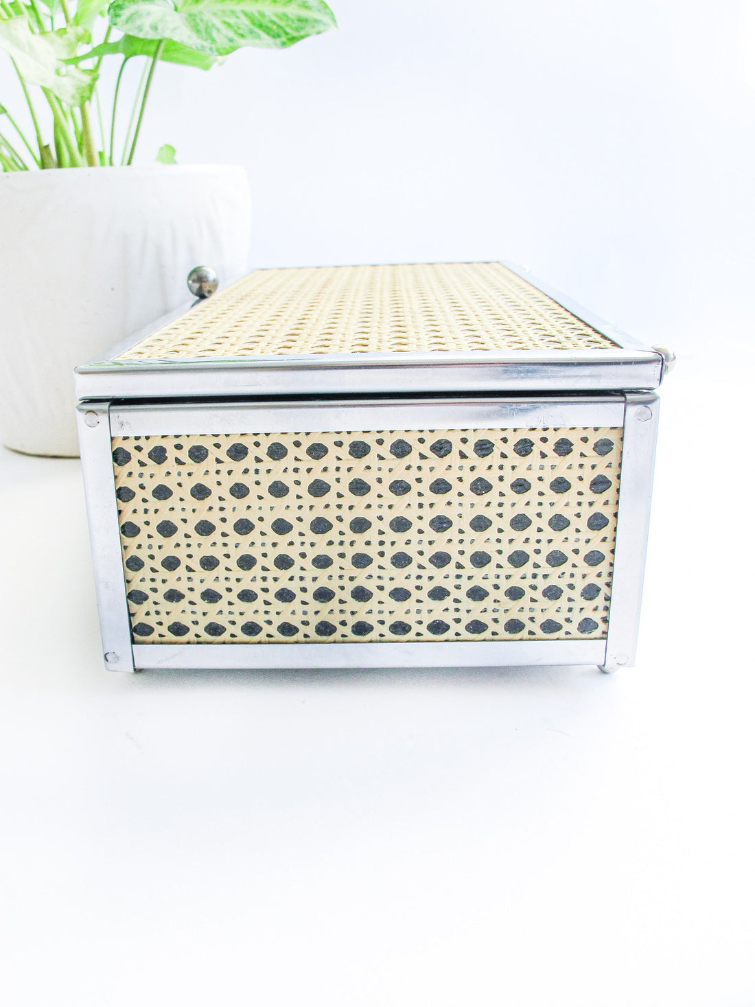 Metal Jewelry Box with Mirror and Cane Detailing