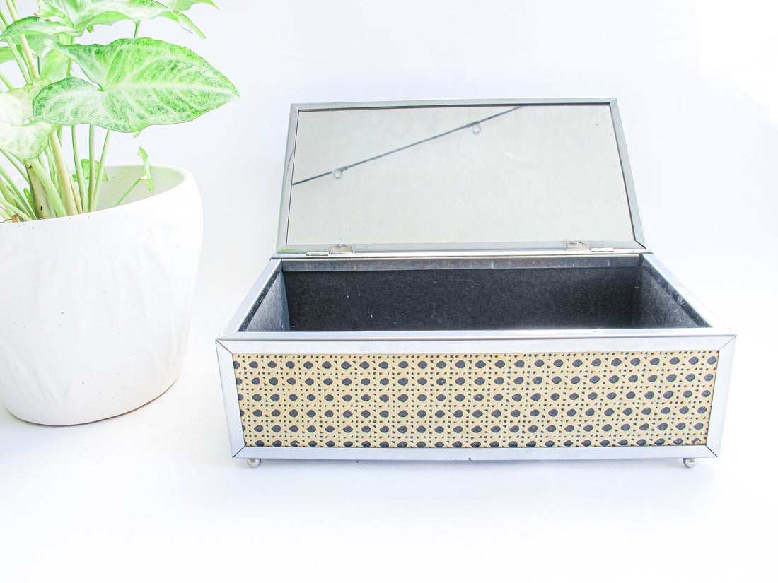 Metal Jewelry Box with Mirror and Cane Detailing