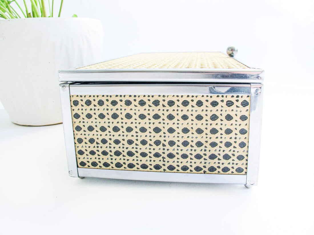 Metal Jewelry Box with Mirror and Cane Detailing