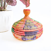 African Basket with Lid in Lavender, Sea Foam Green and Pink