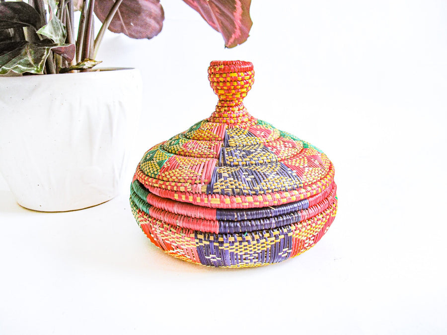 African Basket with Lid in Lavender, Sea Foam Green and Pink