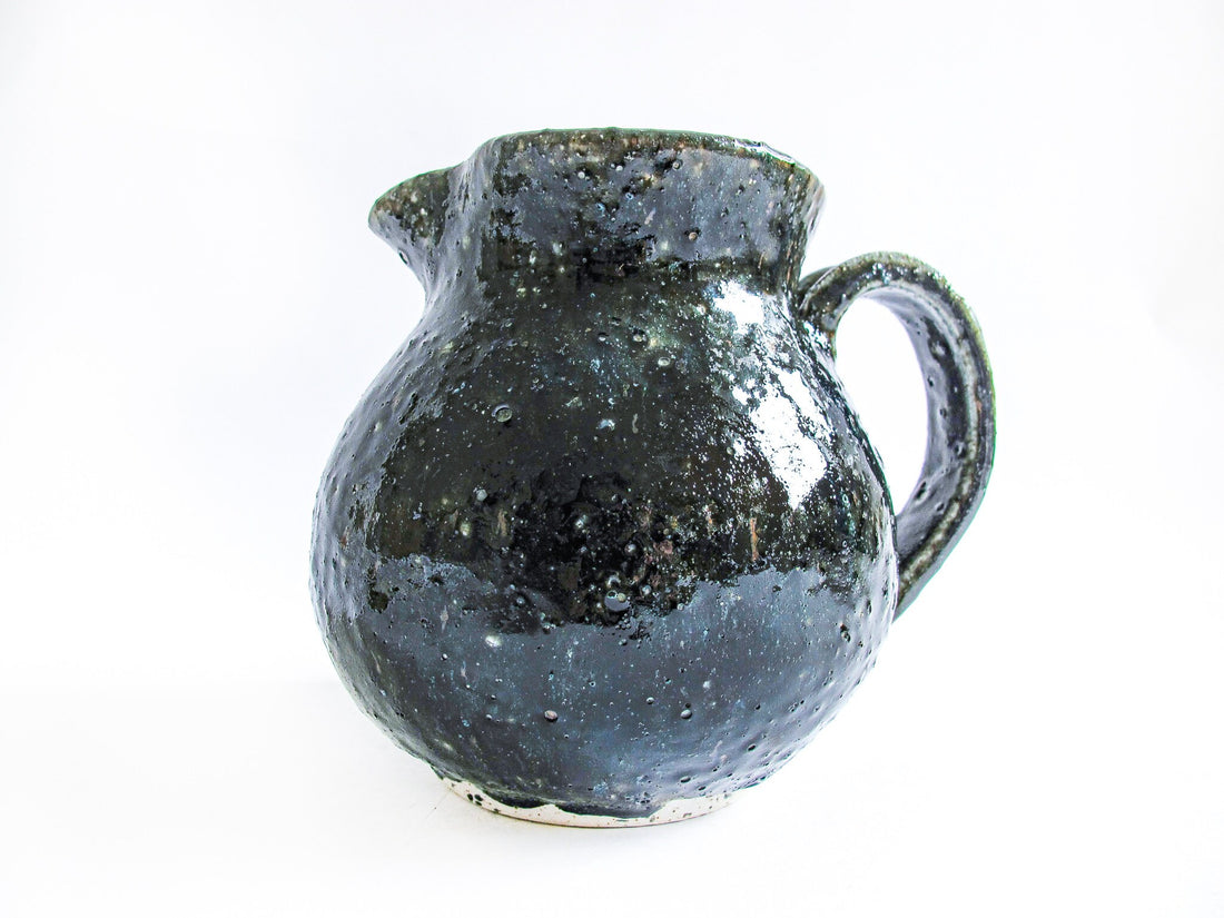 1980s Pottery Ceramic Hand Spun Black Pitcher