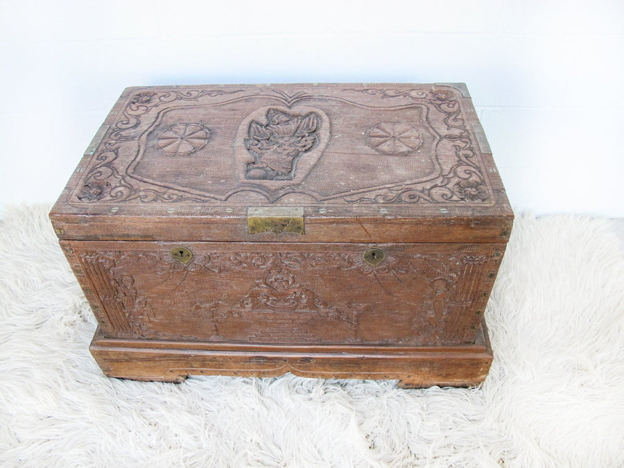 Antique Hand Carved Wood Dowry Trunk