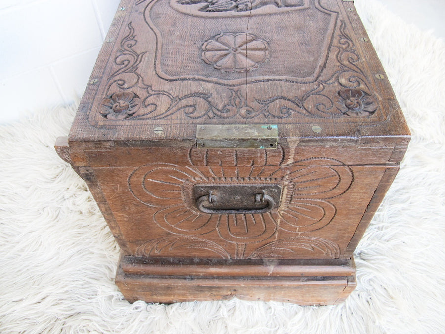 Antique Hand Carved Wood Dowry Trunk