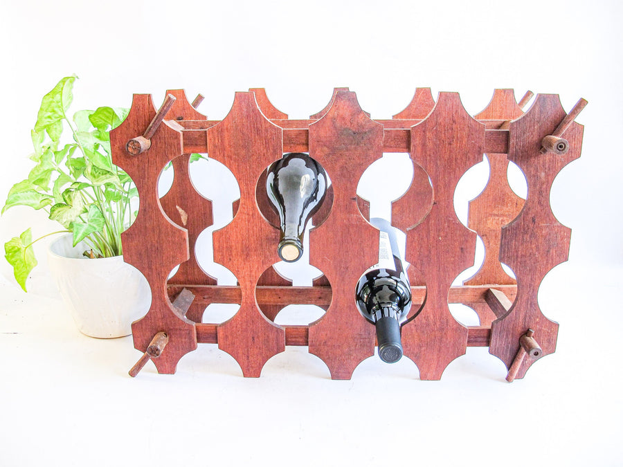 Midcentury Atomic Wood Wine Bottle Rack Organizer