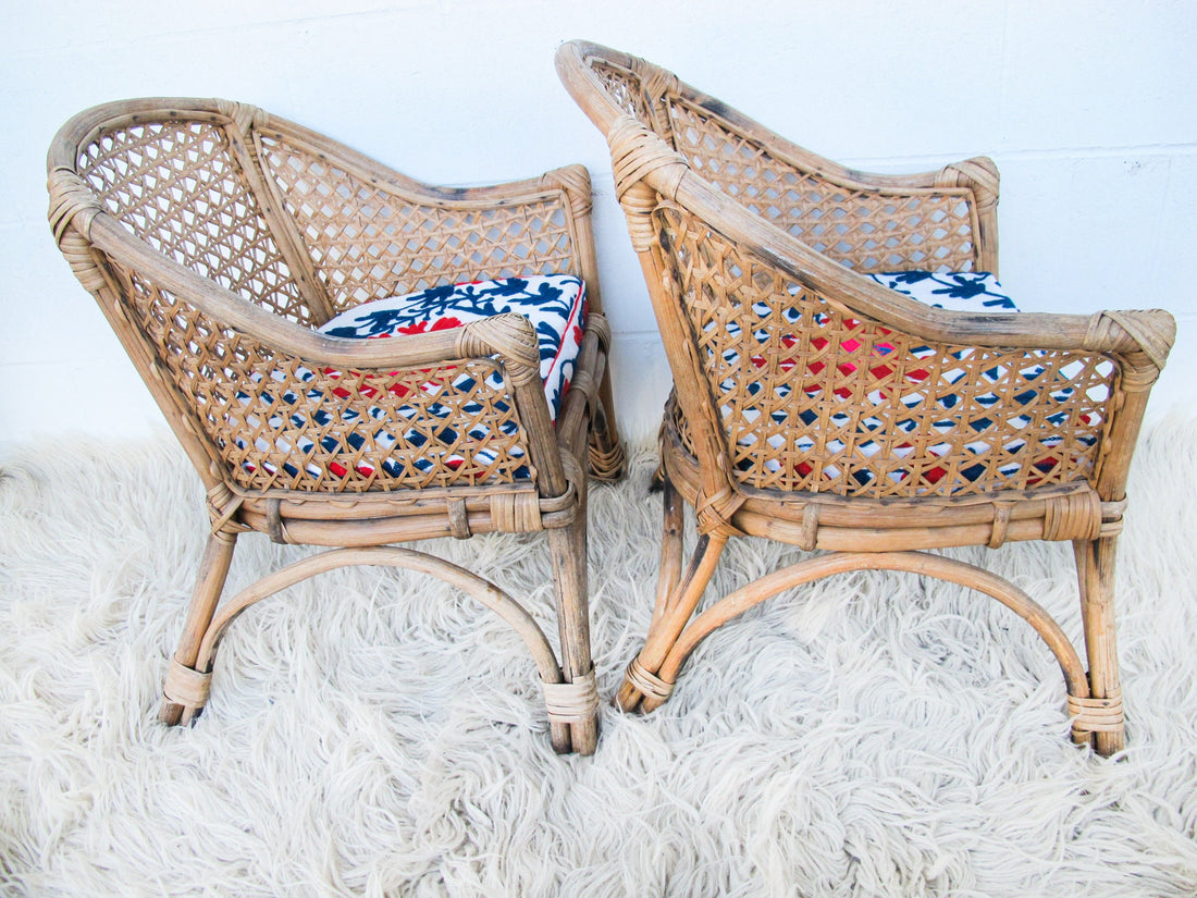 Childrens Kids Rattan and Bamboo Lounge Patio Chairs with Suzani Fabric Cushions