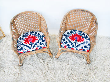 Childrens Kids Rattan and Bamboo Lounge Patio Chairs with Suzani Fabric Cushions