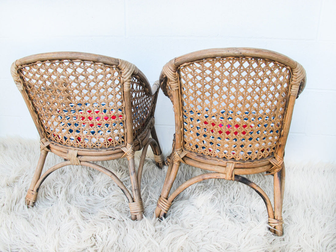 Childrens Kids Rattan and Bamboo Lounge Patio Chairs with Suzani Fabric Cushions