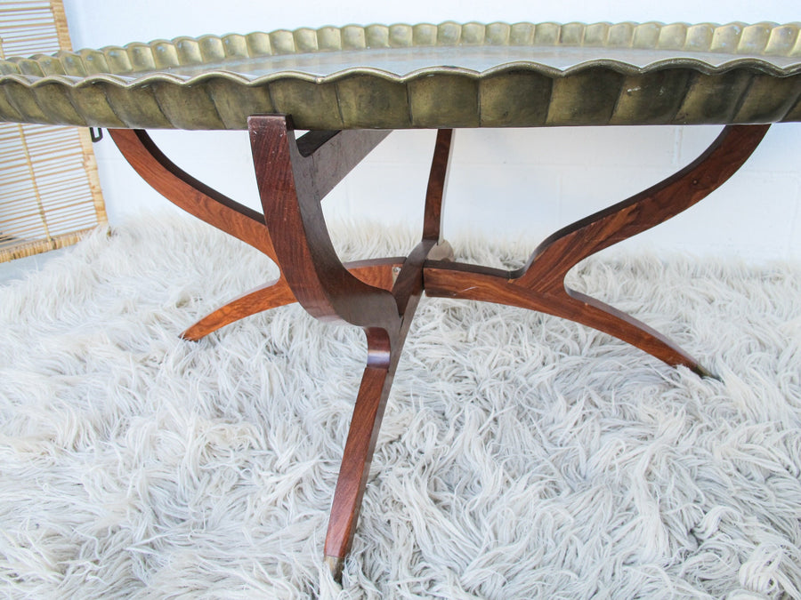 Oval Brass Tray Top Coffee Table with Midcentury Folding Wood Spider Legs