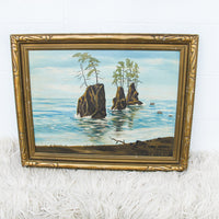 Ocean Landscape Painting Framed Wall Art Signed with Three Rockes 1946