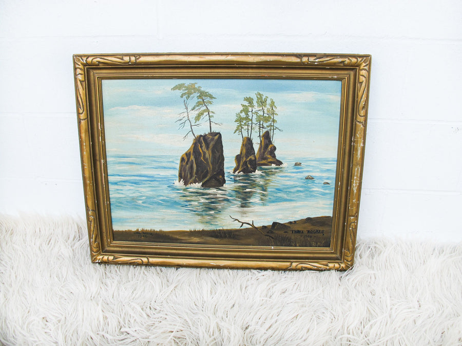 Ocean Landscape Painting Framed Wall Art Signed with Three Rockes 1946
