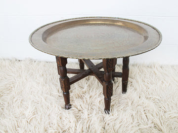 Brass Tray Top Spider Table with Folding Wood Base