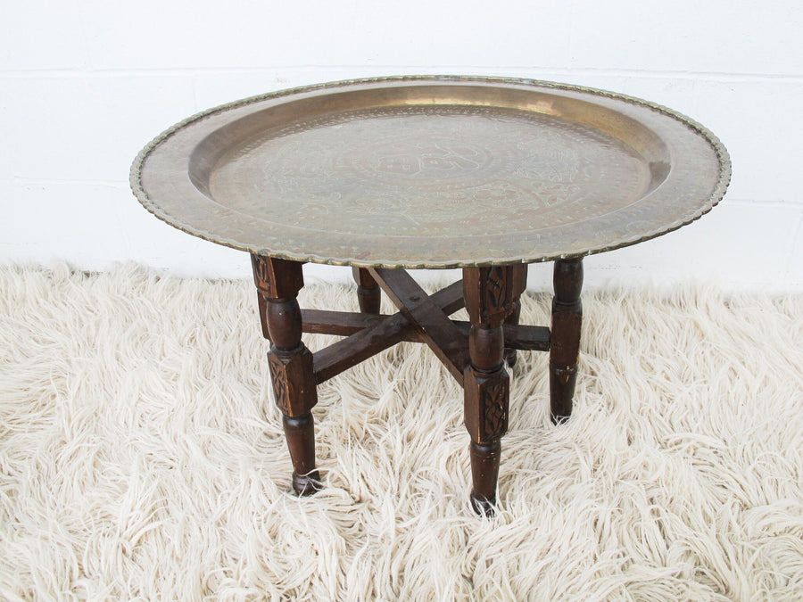 Brass Tray Top Spider Table with Folding Wood Base